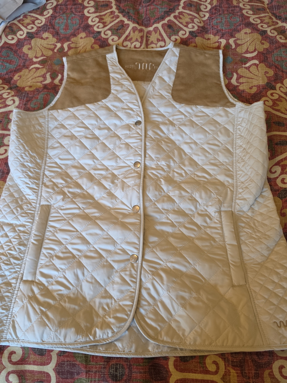 Quilted Sleeveless Vest with Suede Yoke - Cream